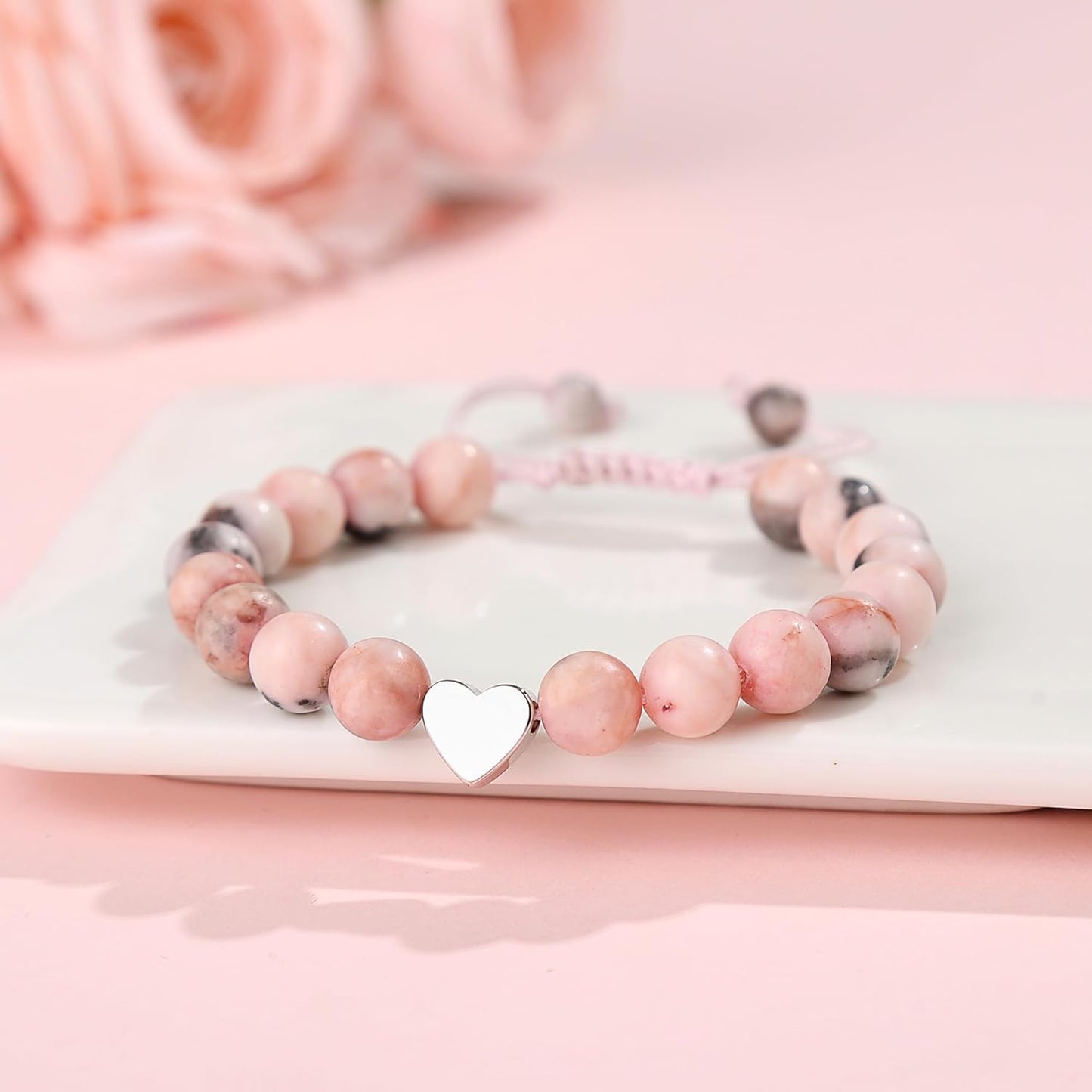 Pink Zebra Natural Stone Bracelet with Heart Charm and Message Card